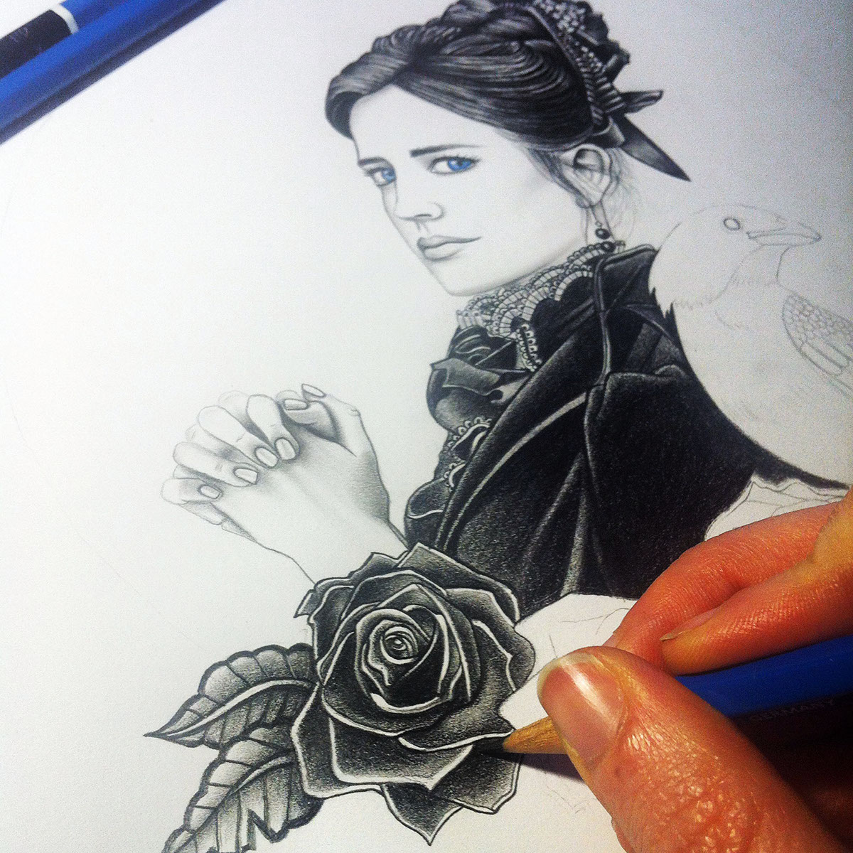 sketch Fan Art Penny Dreadful vanessa ives eva green Roses crow Tarot Cards Staedtler Mars Lumograph Faber-Castell Polychromos pencils Arches Watercolour Paper