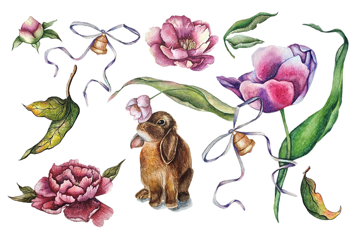 and Flowers animal bells bunnies illustration Easter ilustration lapin painting   Pâques watercolor