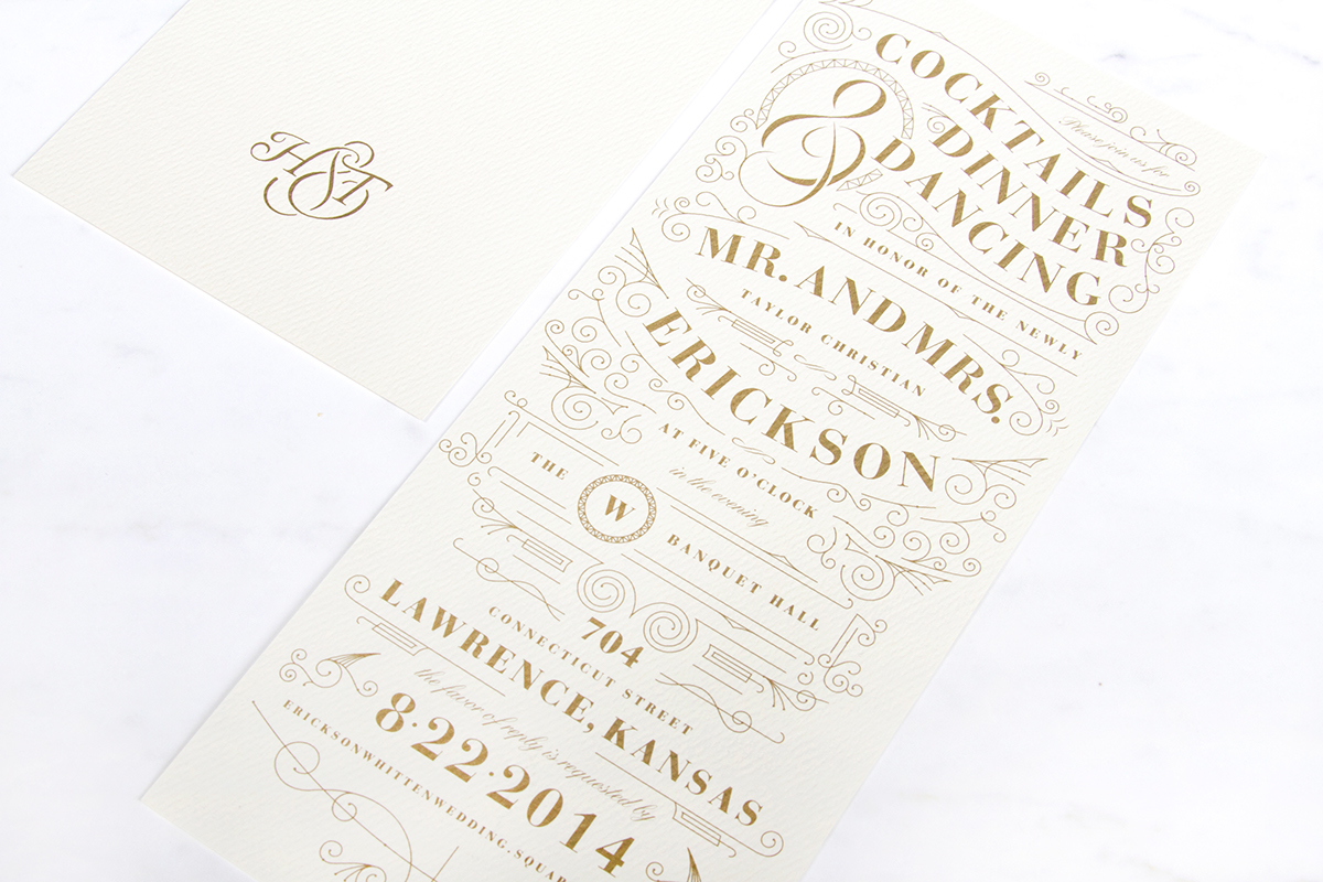 wedding Invitation metallic tone floral art deco Line Work monogram vertical paper cards invitation suite package elegance lace