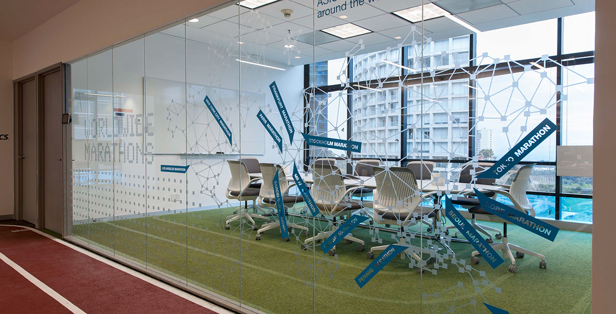 Asics Headquarters LatinAmerica Office graphics Interior sports walls glass