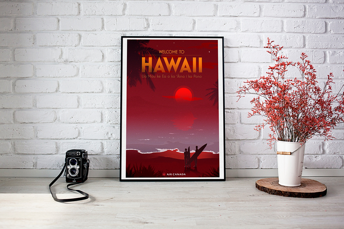 editorial ILLUSTRATION  Travel poster HAWAII red photoshop digital art