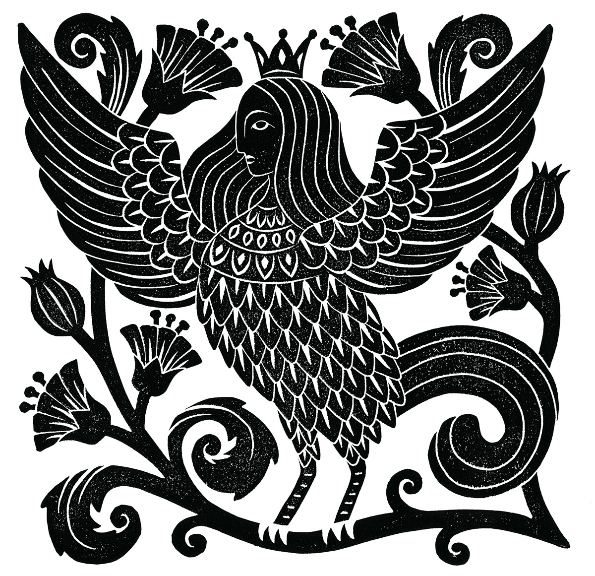 siren harpy alkonost birdwoman printmaking Linoprint ILLUSTRATION  Folklore mythology mermaid