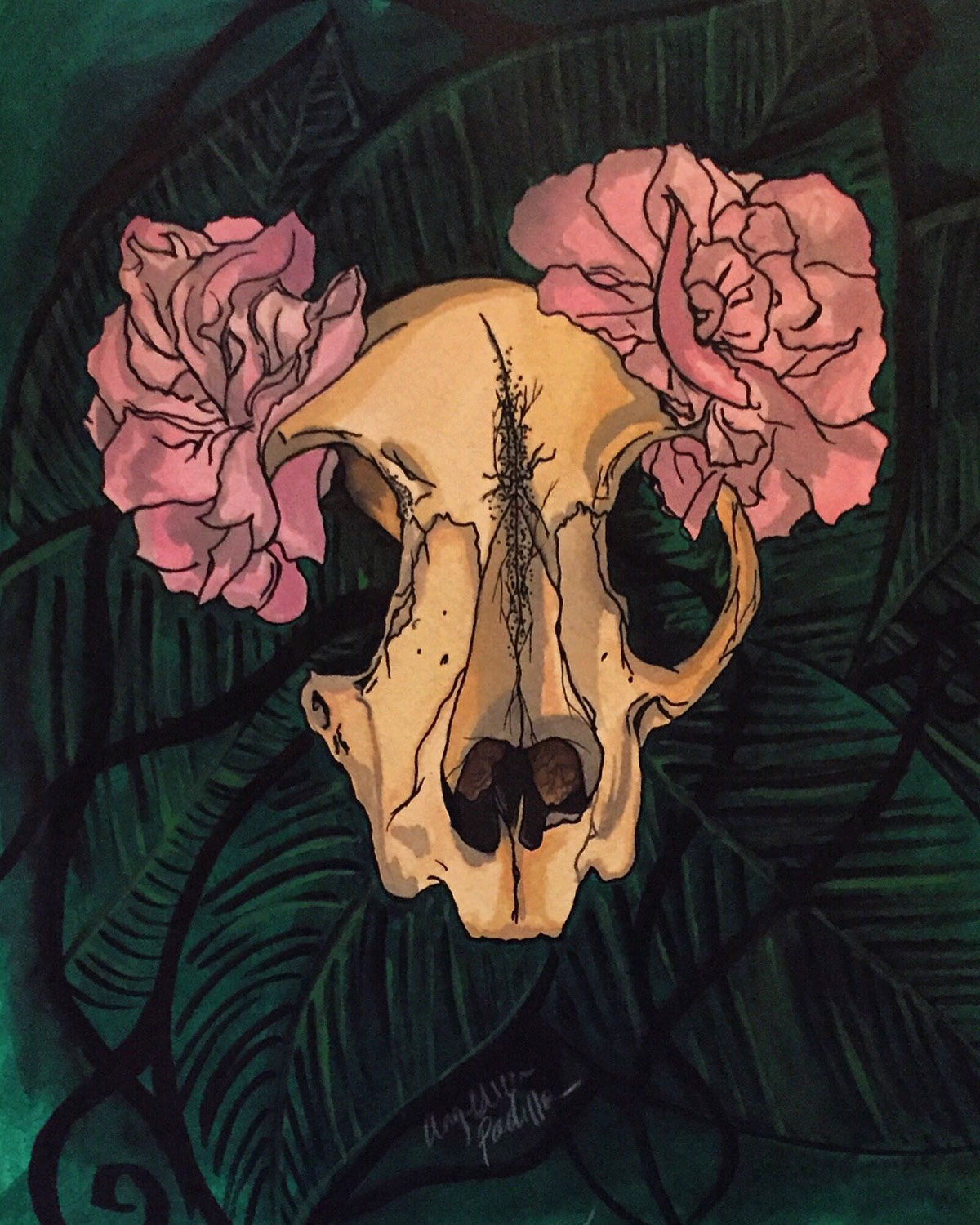 animal skull fw ink strathmore watercolor ink Copic Flowers Nature death life