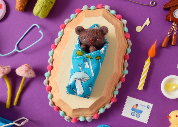 Miniature collage photo baby prenatal card purple violet bear mushroom parenting hine mizushima craft handmade toy