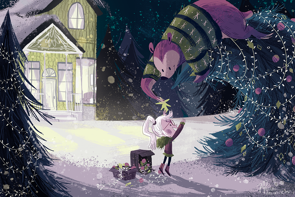 Christmas decorating trees bear girl winter snow kidlitart children's book children's illustration