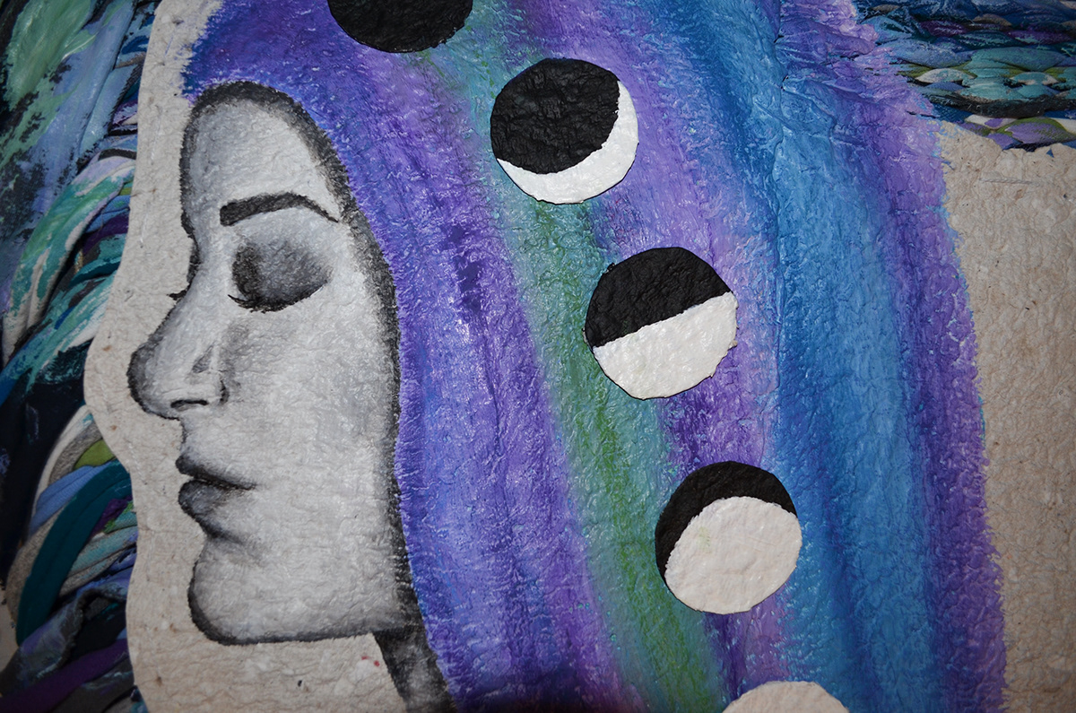 fiber fiber art paint Amphitrite goddess moon phases moon handmade paper recycle reuse