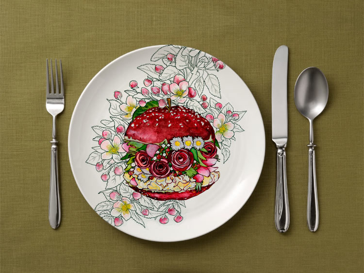 watercolor healthy Food  plate cook burger seafood cupcake vegan salad japanese asian bento diet