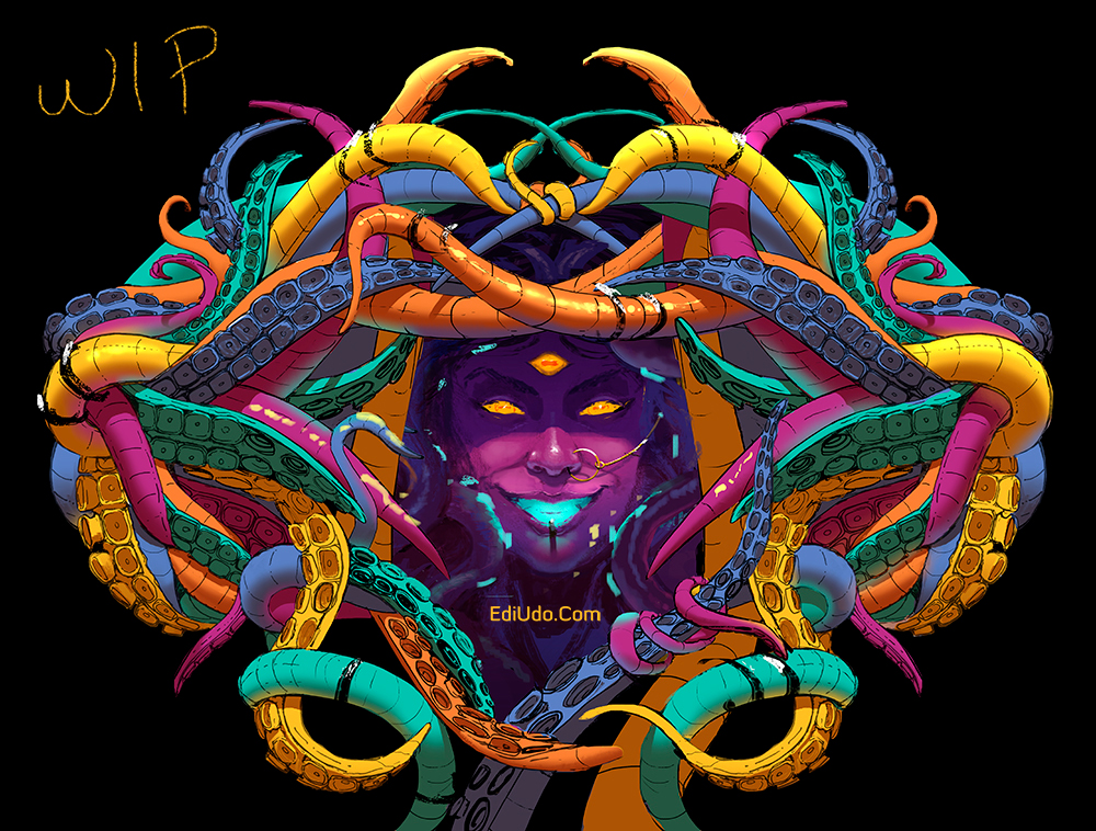 cthulhu hp lovecraft tentacles psychadelic Colourful  portrait medusa