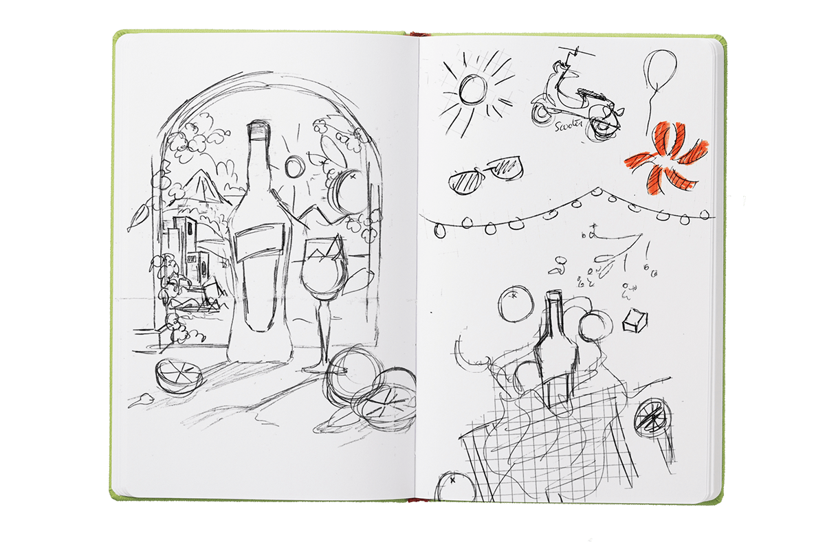 open sketchbook with doodles about a drink illustration for aperol