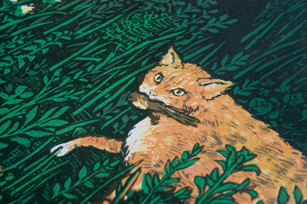 art printmaking Cat cats forest trees plants bird green screenprint silkscreen Nature