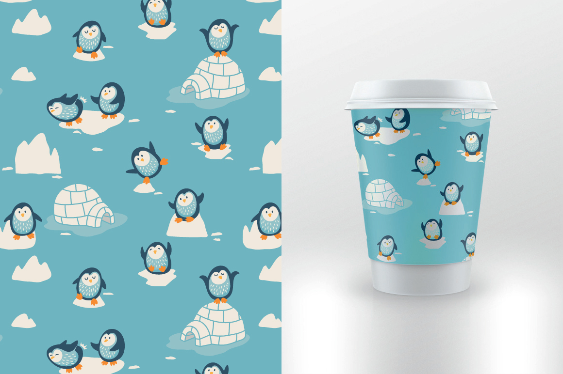 pattern wallpaper baby print penguin ice funny cartoon polar bird fish Character yurt decorative background