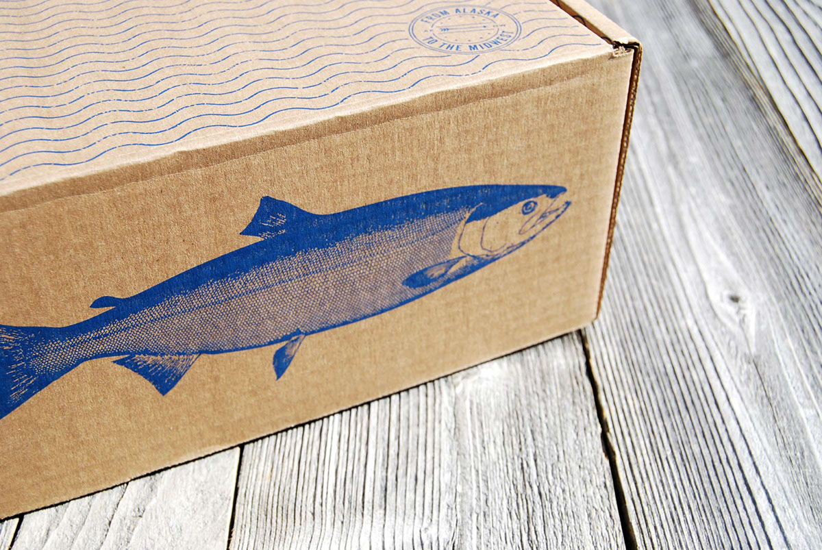Sitka Alaska salmon boxes Kraft old Retro vintage fish market infographics waves water Hooks fishing