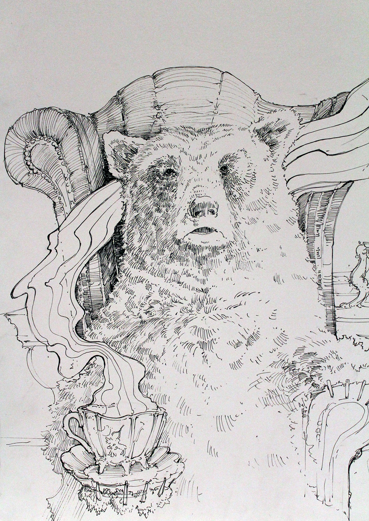 bear  grizzly  fairytale  story   vintage  smoke  Illustration  Graphic  pen nightmare dream  coffee  shadow secession milord