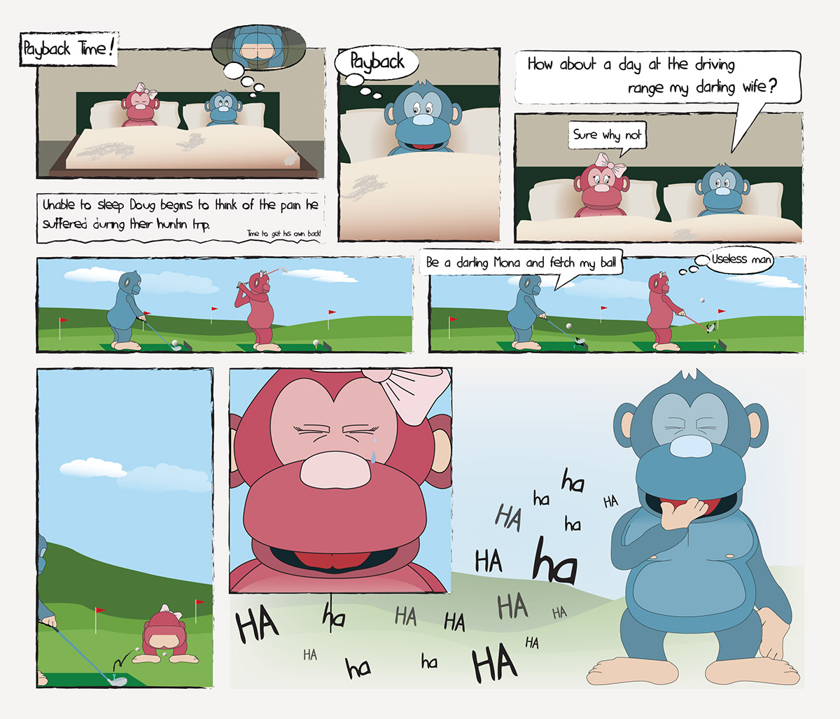 comic strip comedy comic monkey comic Colourful  blue pink shooting story golf humor