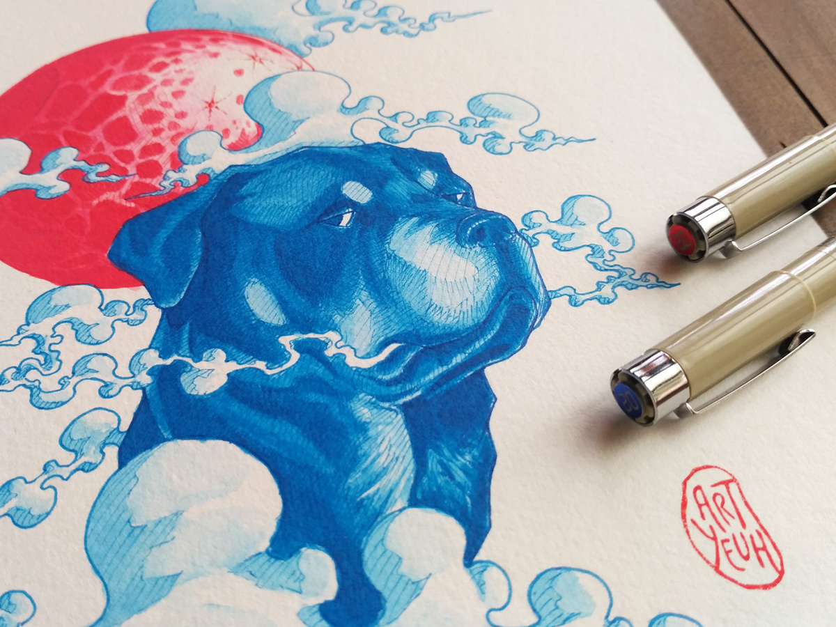 dogs chinese new year traditional Drawing  ILLUSTRATION  pen watercolor blue red
