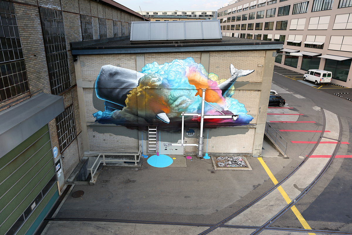 Adobe Portfolio nevercrew streetart urban art Whale cloud Pantograph Winterthur festival Switzerland fabric