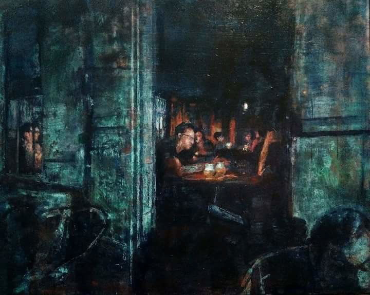 interior oilpainting people dining realistic figurative