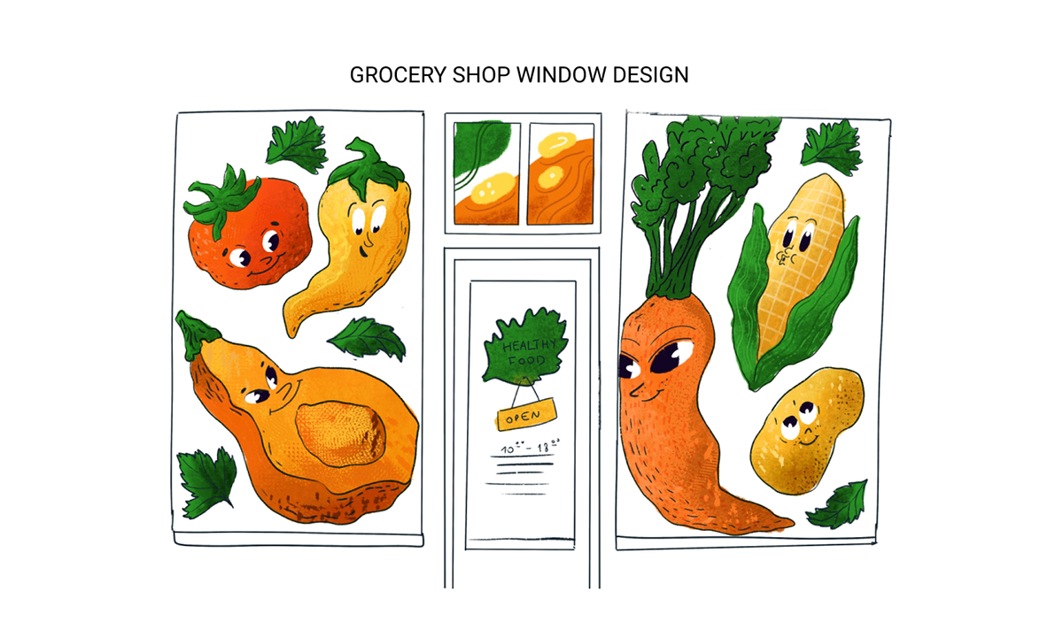 Window design concept. Grosery Visual identity. Fresh Market.