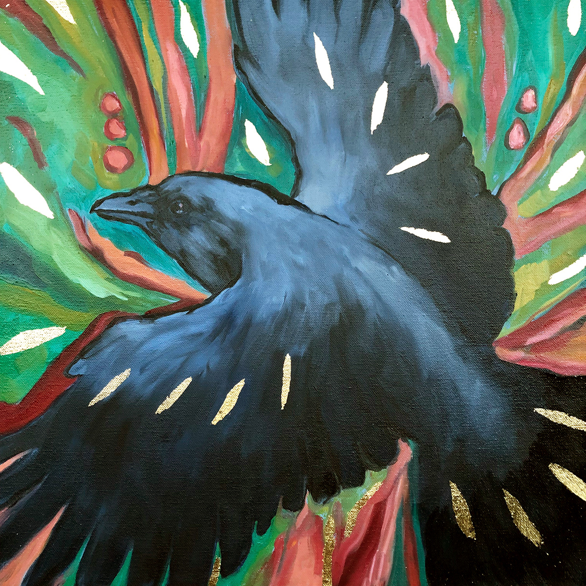 green colors fine art painting animals birds crow raven Bird Illustration raven painting animal illustration