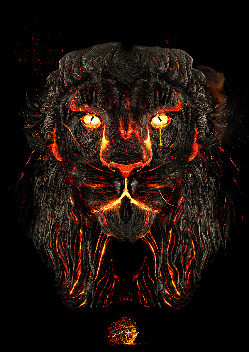 lion lava magma fire animals burning blaze Flames volcano smoke dark portrait animal stone