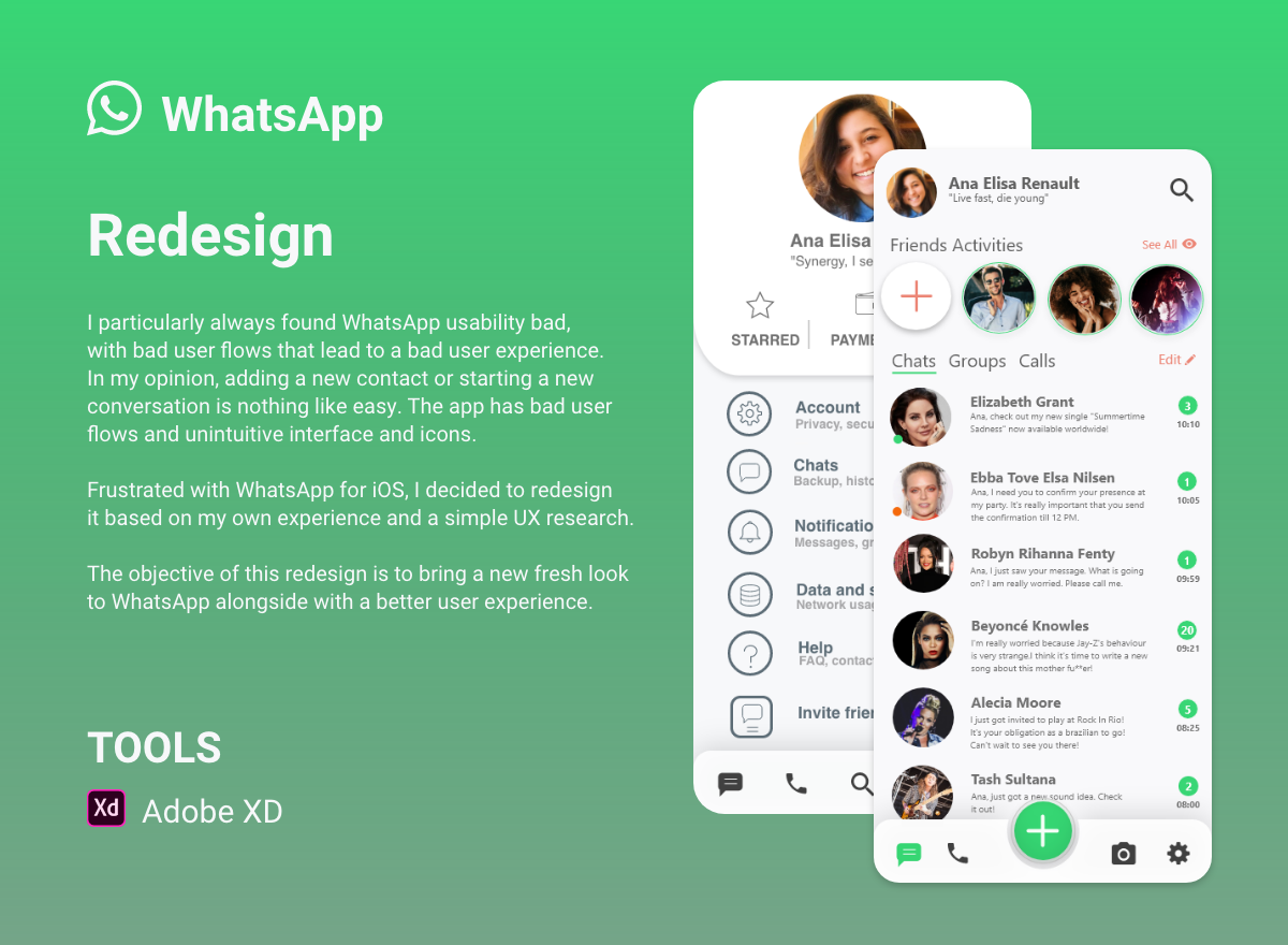 Adobe XD app redesign mobile app redesign redesign whats app ux WhatsApp WhatsApp Redesign