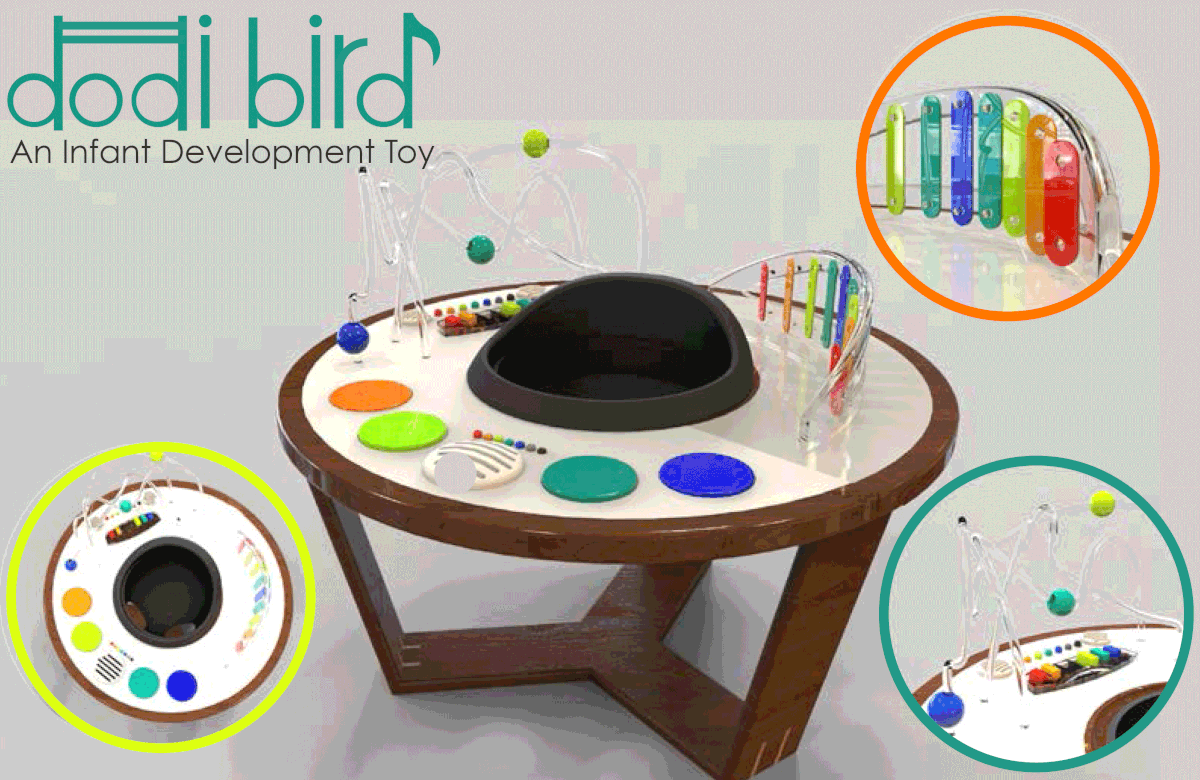 Dodi Bird infant development toy exersaucer baby infant table interactive Musical wood research ideation sketching
