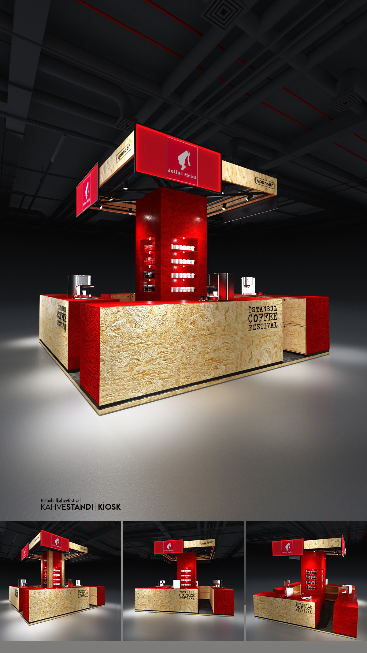 juliusmeinl istanbul coffee fest kırmızı osb kiosk stand tasarımı red painted wood