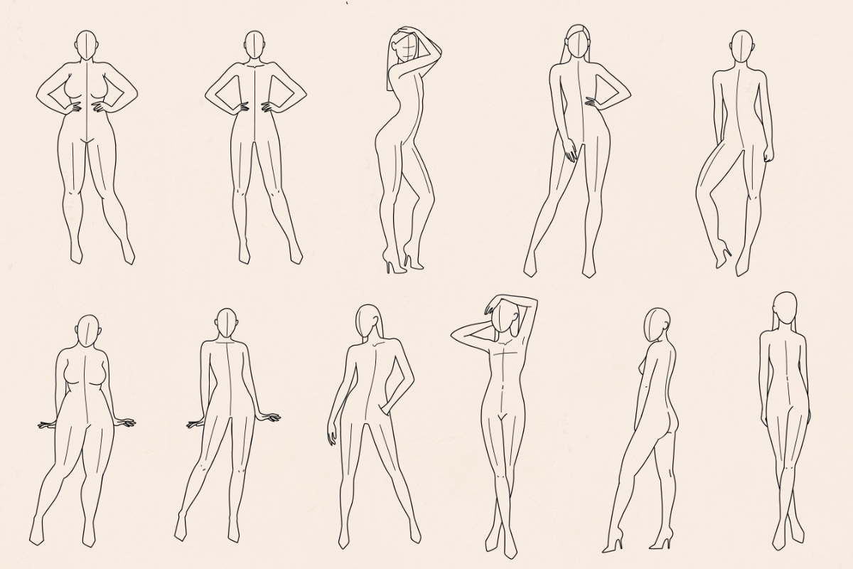 croquis Design Templates fashion design Fashion Sketches female body Female Figures Human Body Model Poses procreate stamps realistic body