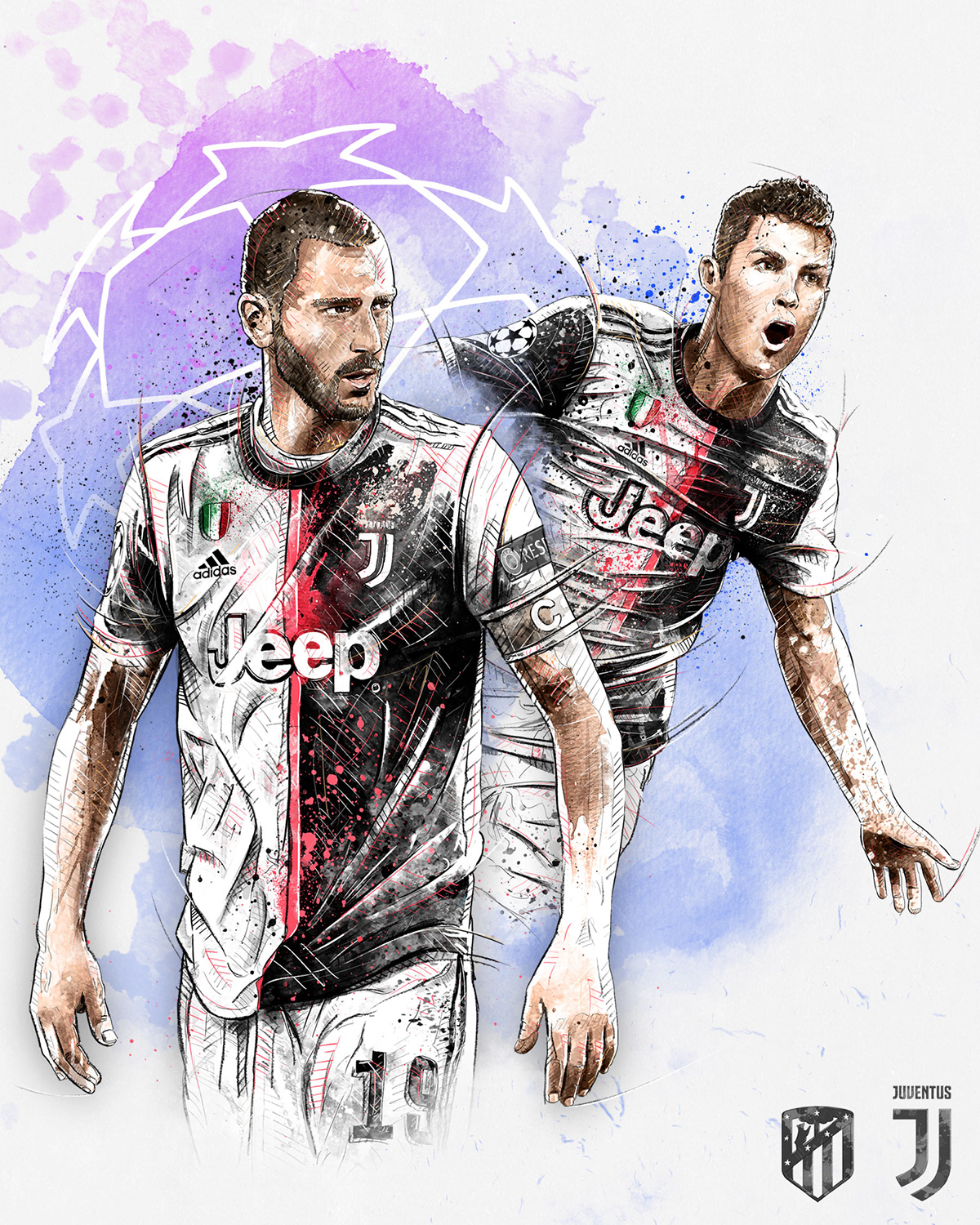 Dynamic sport/football illustration for Juventus vs. Atletico Madrid: Bonucci, Ronaldo.