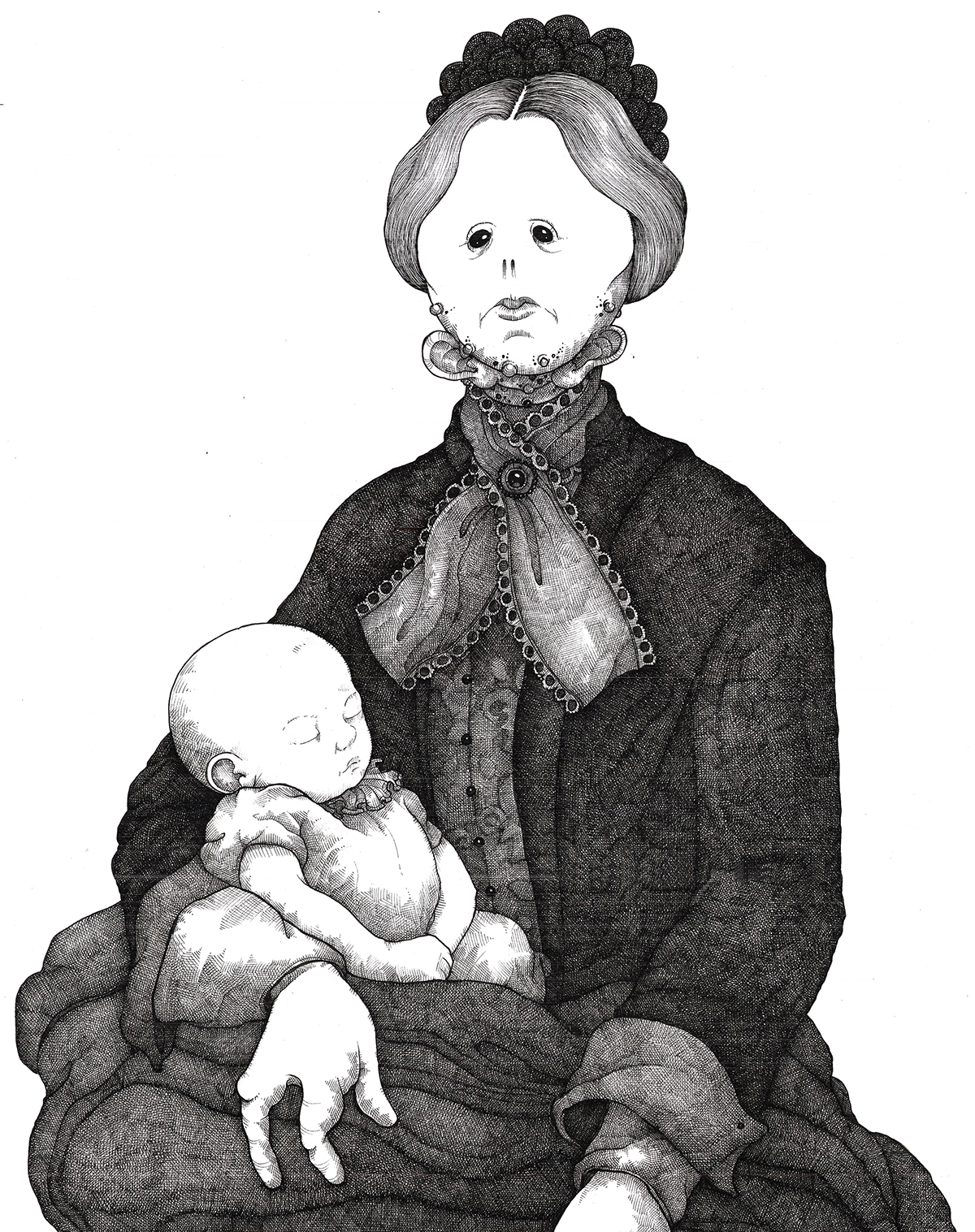 monster Victorian mother child black and white crosshatching portrait antique vintage