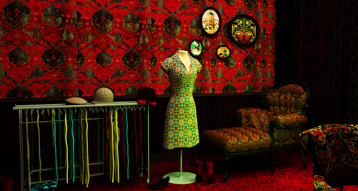 Interior design vintage art red  old red Dark Green mirror chair old scene Cinematic Scene