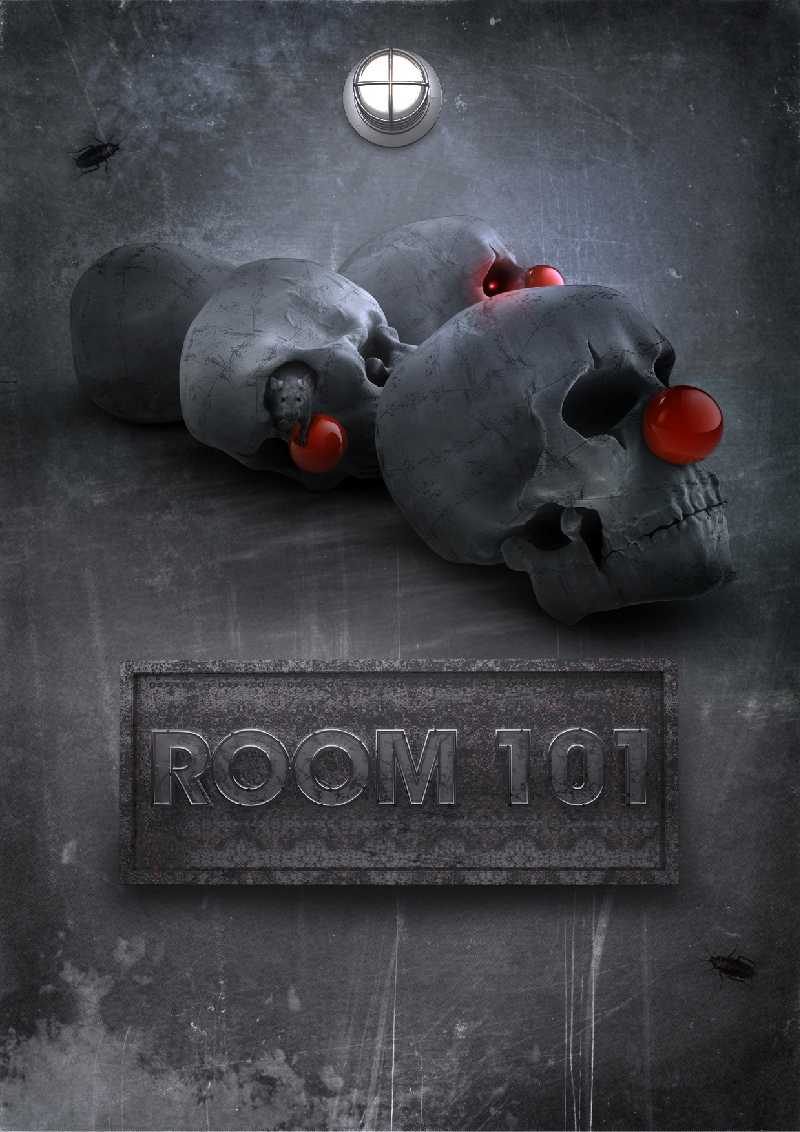 George Orwell 1984 Room 101 3D skulls clown rat cockroach light old fear phoebia nightmare metal cinema 4d