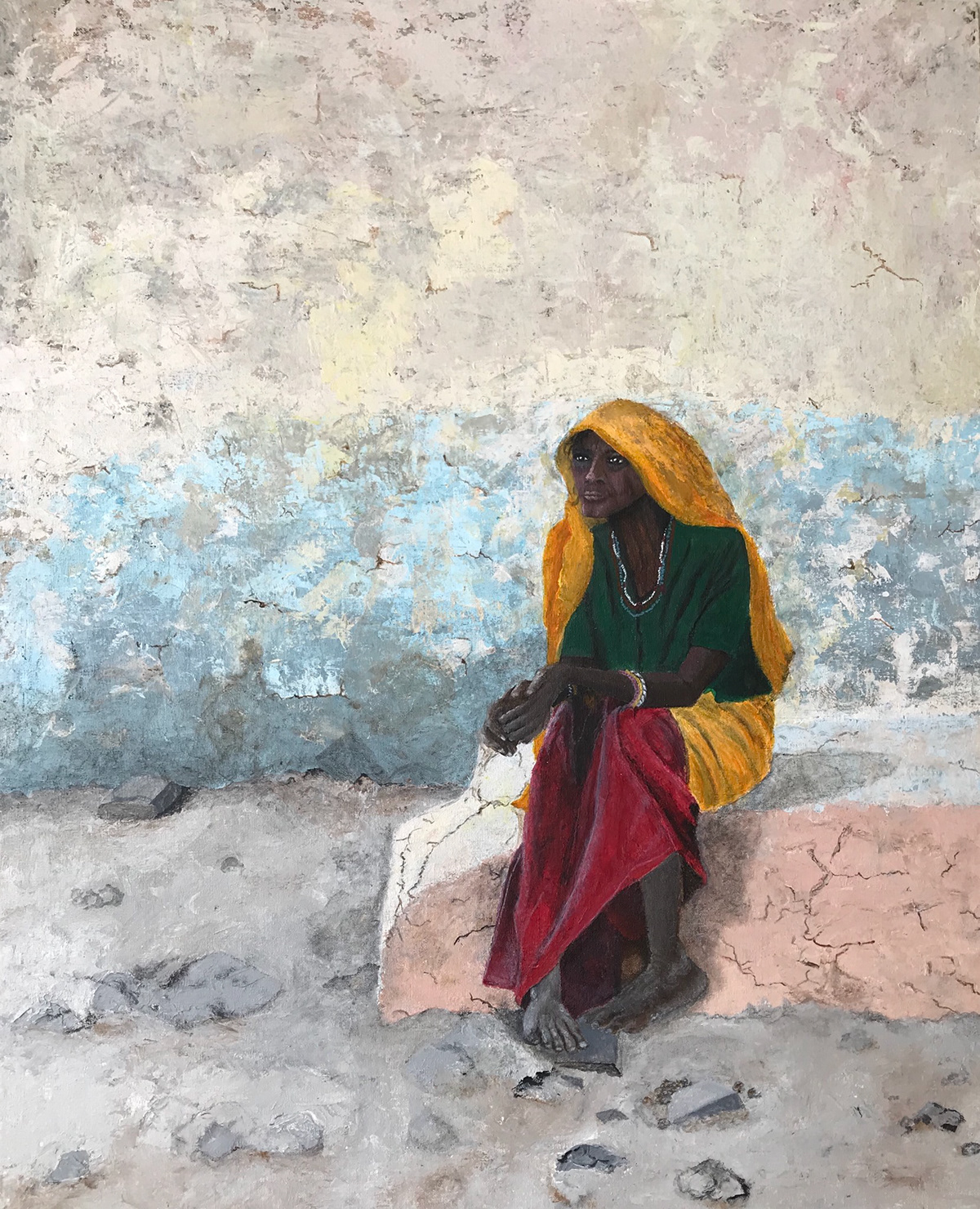 acrylic fine art India painting   pallet knife Pallette Knife villager woman