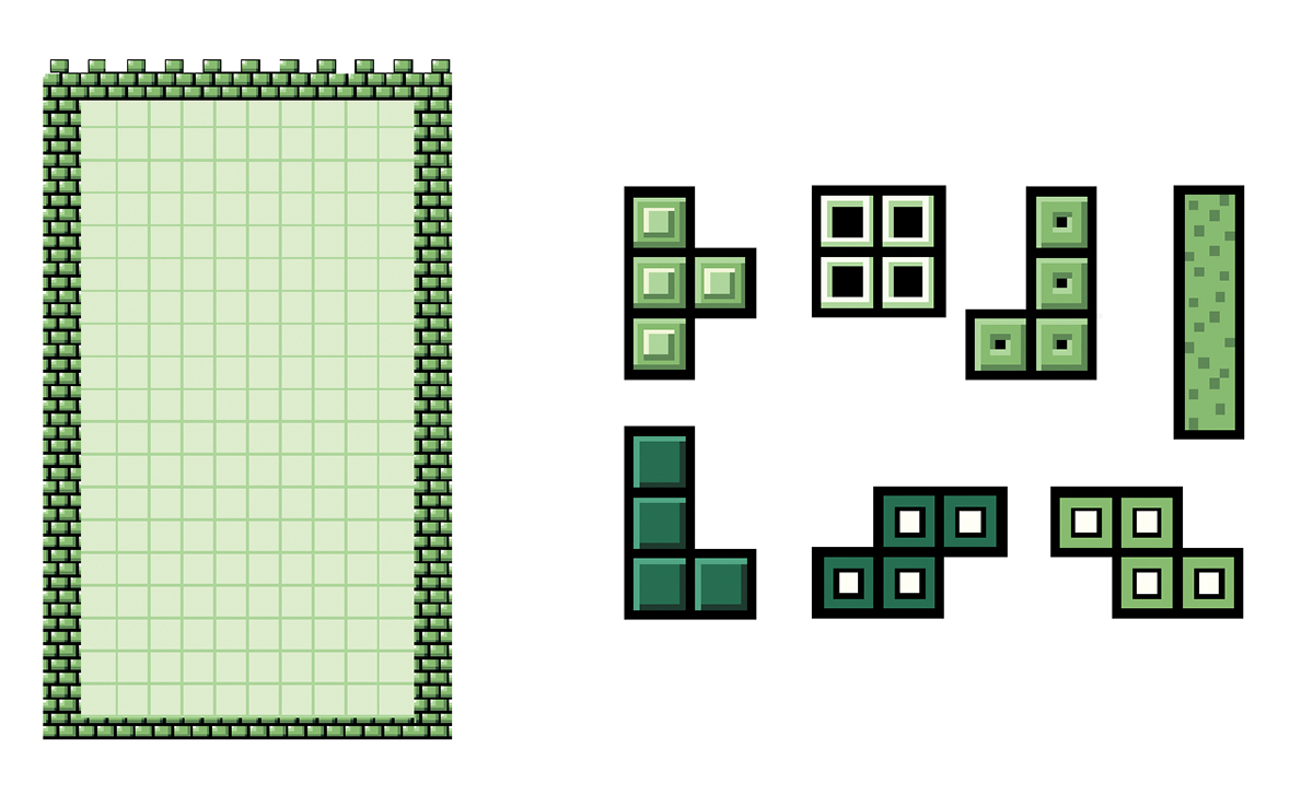 The seven Tetris shapes used in the Tetris game. Each block can be