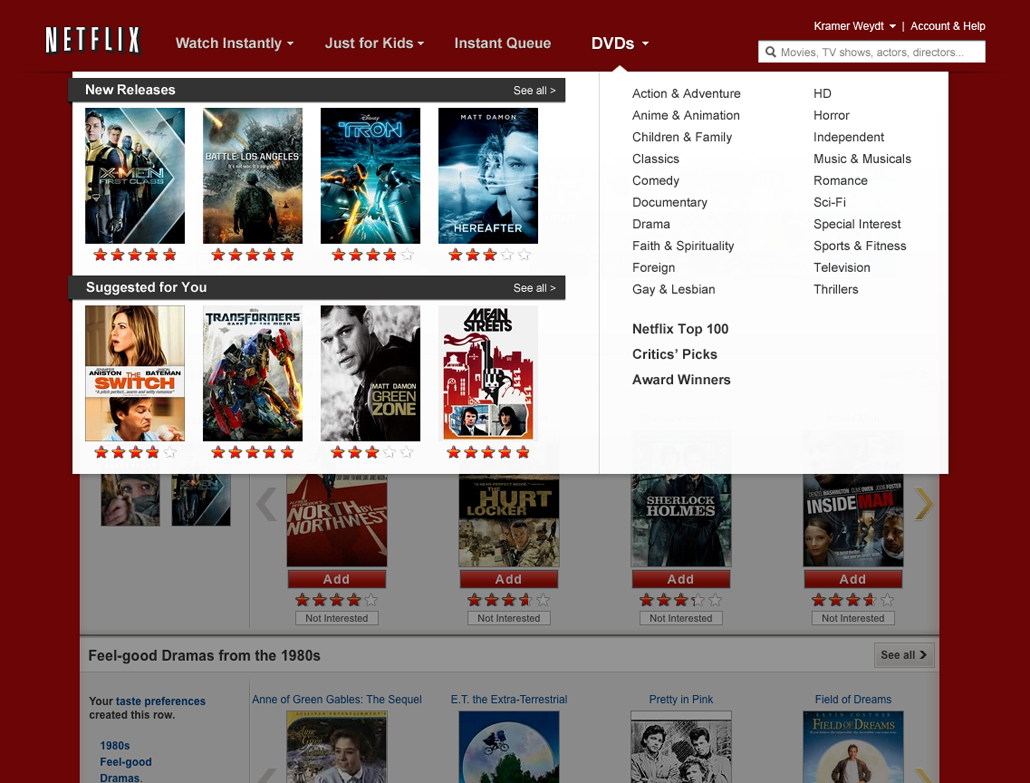 Netflix hover navigation hover menu