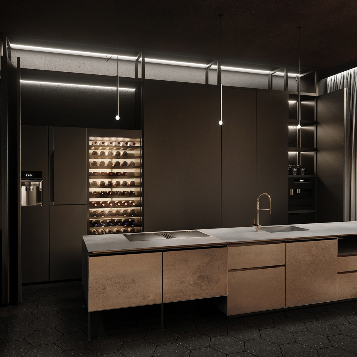 3D Visualization architecture black interior BLACK INTERIOR DESIGN Dark interior industrial industrialdesign interior designn kitchen design minimalistic