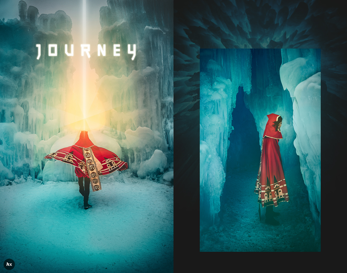 journey Cosplay photo ice castles new hampshire game red gold process Before and After post-processing photomanipulation