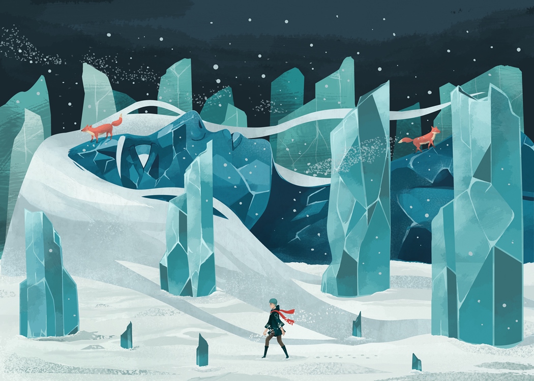 Wanderer boy fantasy giant ice forest snow foxes desert rocks hands girl Island sea water