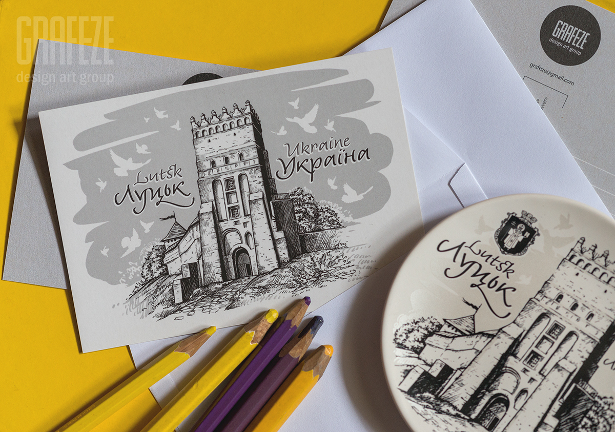 graphic Drawing  plate souvenir tourist Travel gift ukraine post card Landmarks