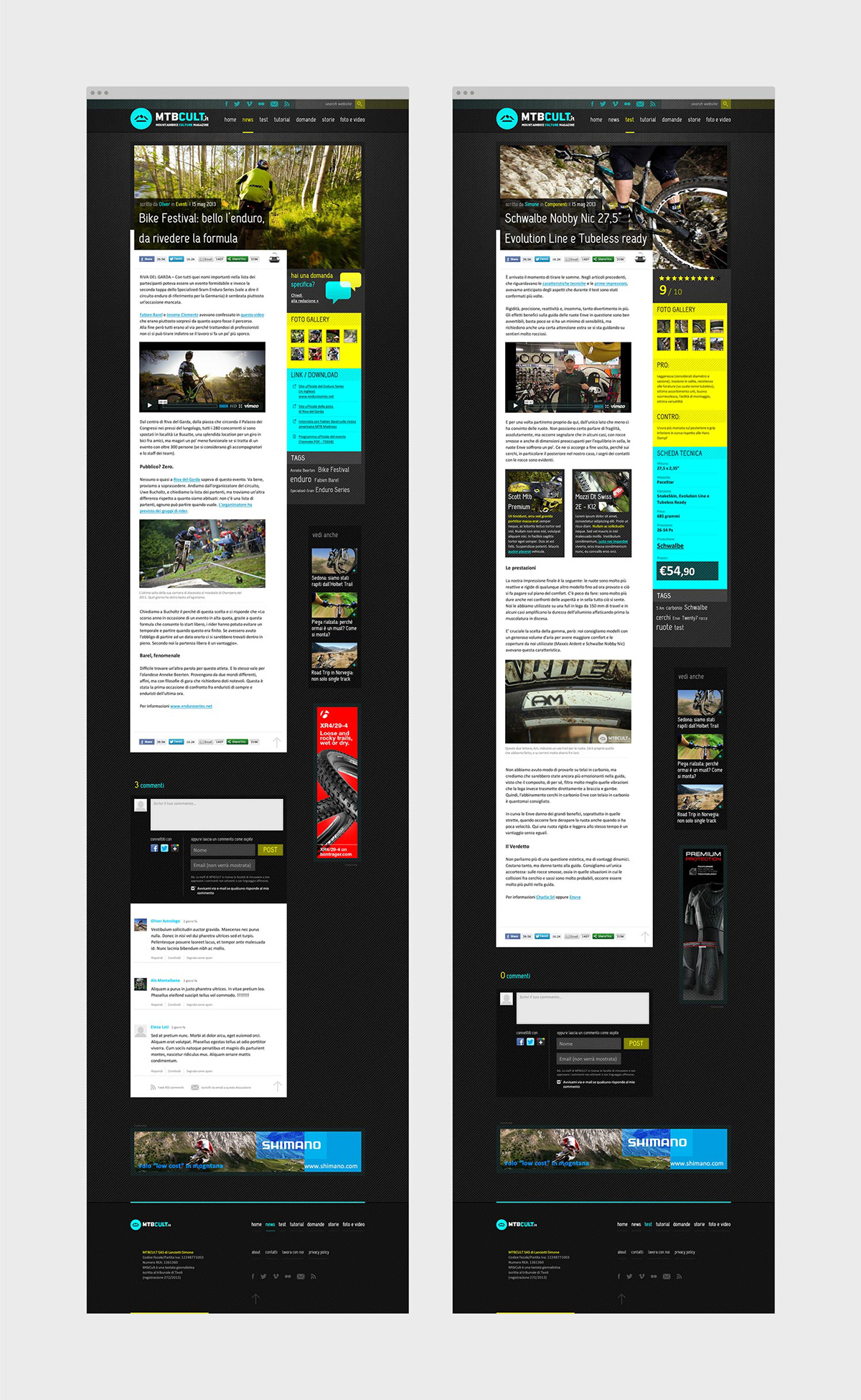 Website mountain bike  mtb  yellow  cyan black  dark graphite texture dark colour scheme online magazine  digital editorial  italy