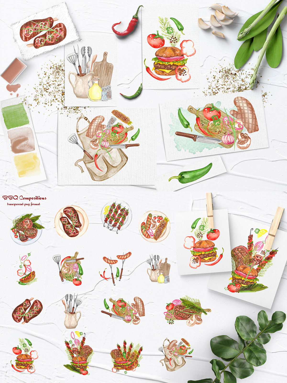 BBQ clipart Food  illustartion meat menu restaurant Social media post table watercolor