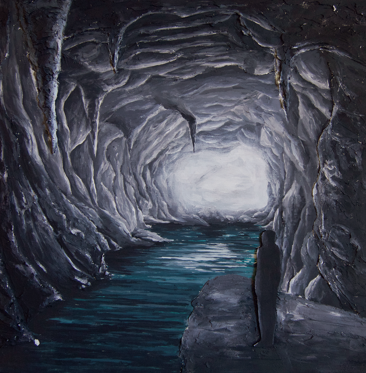plaster plaster on canvas 3D painting Sculpt paint sculpt Caves lighting cool tones dark spooky Silhouette silhouette figure light and dark water Water Painting