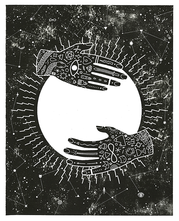 printmaking moon lunar phases black and white hands tattoos crystal ball witch