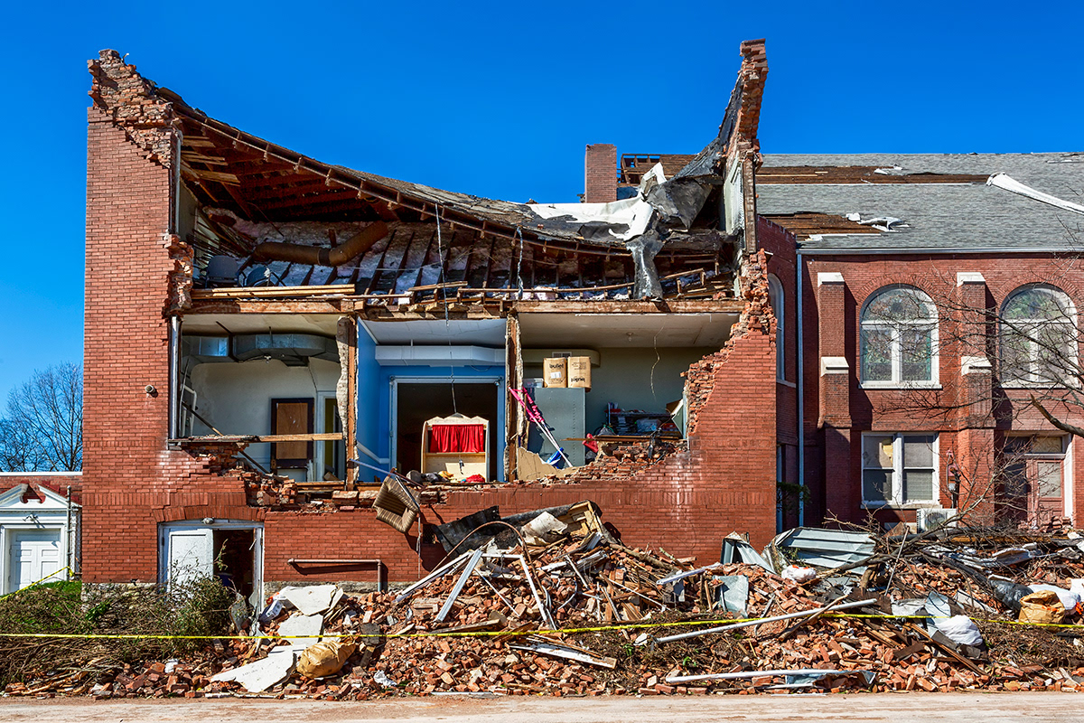 The 2020 Nashville tornado in Five Points, East Nashville, TN,  showing Tornado Damage. Holly Street