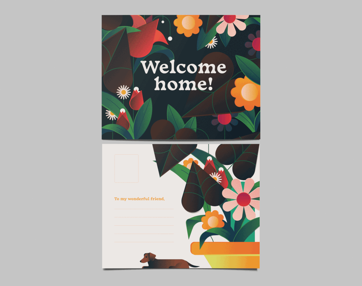 vector postcard greeting card design Flowers plants dogs home ILLUSTRATION  Editorial Illustration