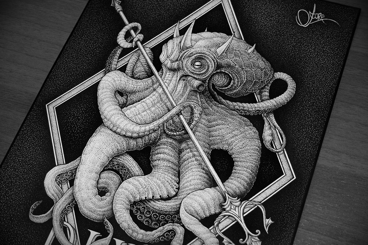 dotwork stippling Pointillism kraken octopus ink seamonster dark art tentacle tentacles artprint design