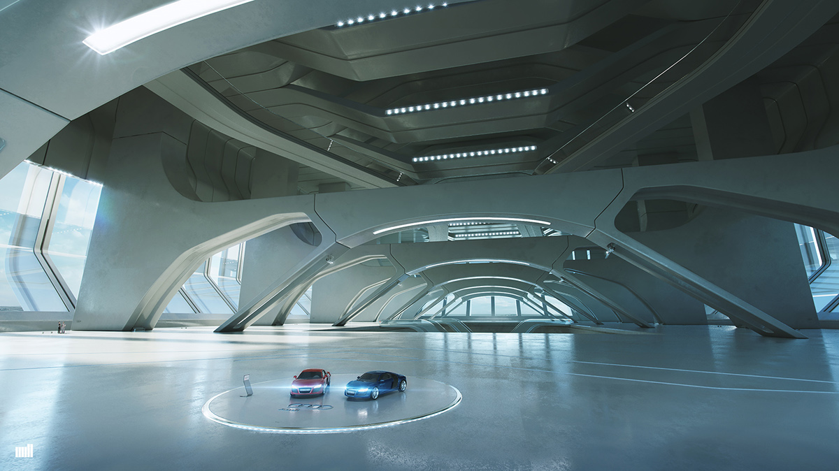automotive   Scifi Sciencefiction lab factory robotic Audi car concept art