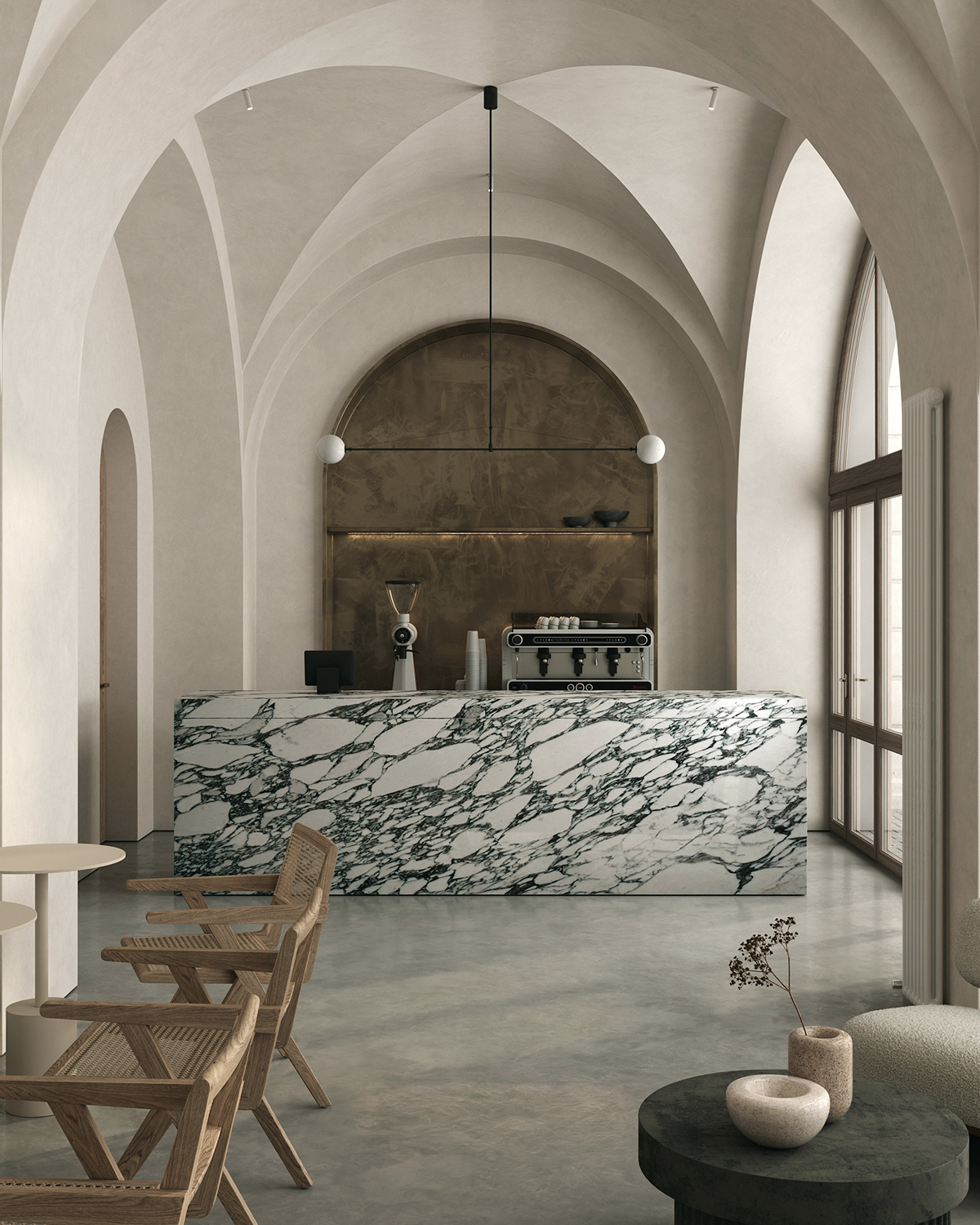 architecture cafe concrete Interior metal Minimalism restaurant stone visualization cinema 4d