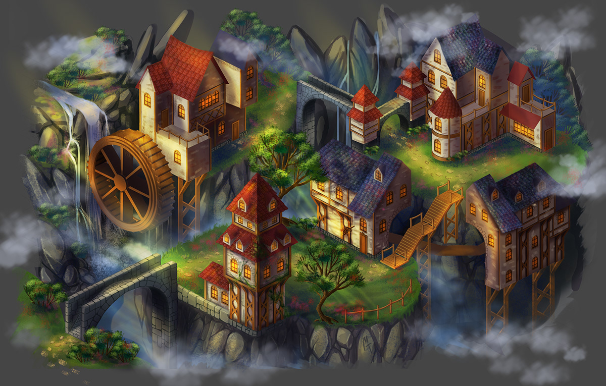 location scenery village town fantasy clouds