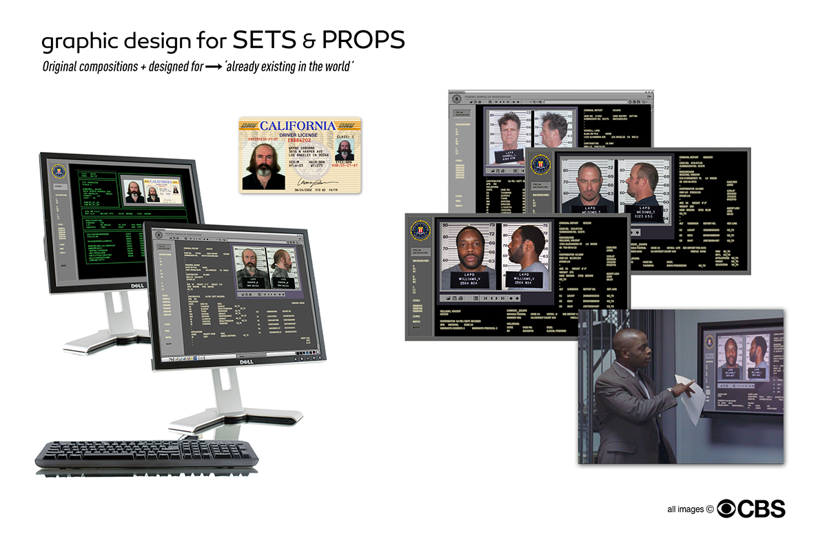 art department Production crew on set props prison Truck Signage banner caution book design penants mug shots FBI dmv